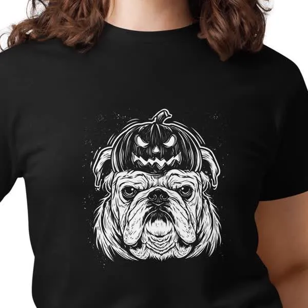Black tee printed with a frowning bulldog wearing a jack-o'-lantern hat