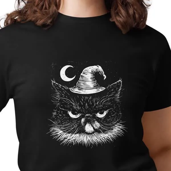 Black tee printed with a scowling fluffy cat in a witch hat under a crescent moon