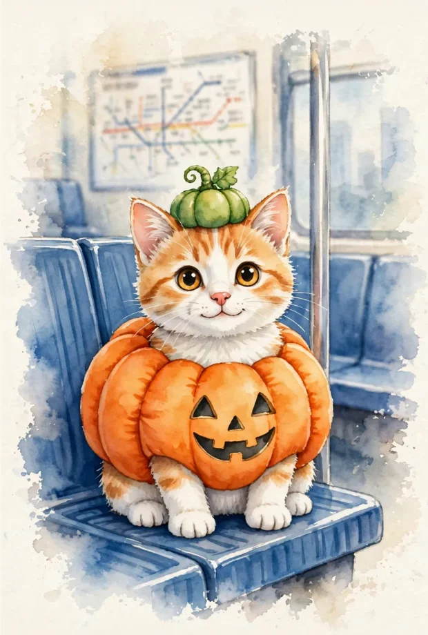 Watercolor orange kitten in a jack-o'-lantern costume sitting on a subway seat