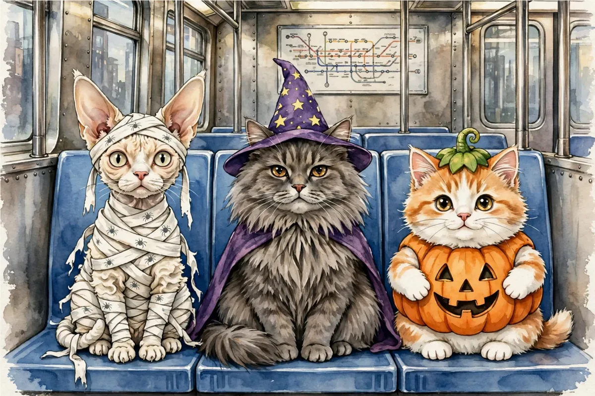 Watercolor painting of three cats on blue subway seats: one wrapped like a mummy, one in a purple witch hat and cape, one in a pumpkin costume